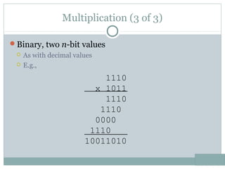 Multiplication (3 of 3)
Binary, two n-bit values
 As with decimal values
 E.g.,
1110
x 1011
1110
1110
0000
1110
10011010
 