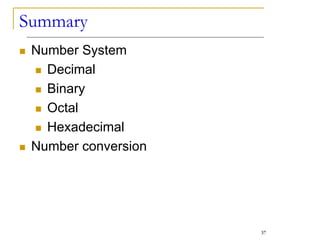 37
Summary
 Number System
 Decimal
 Binary
 Octal
 Hexadecimal
 Number conversion
 