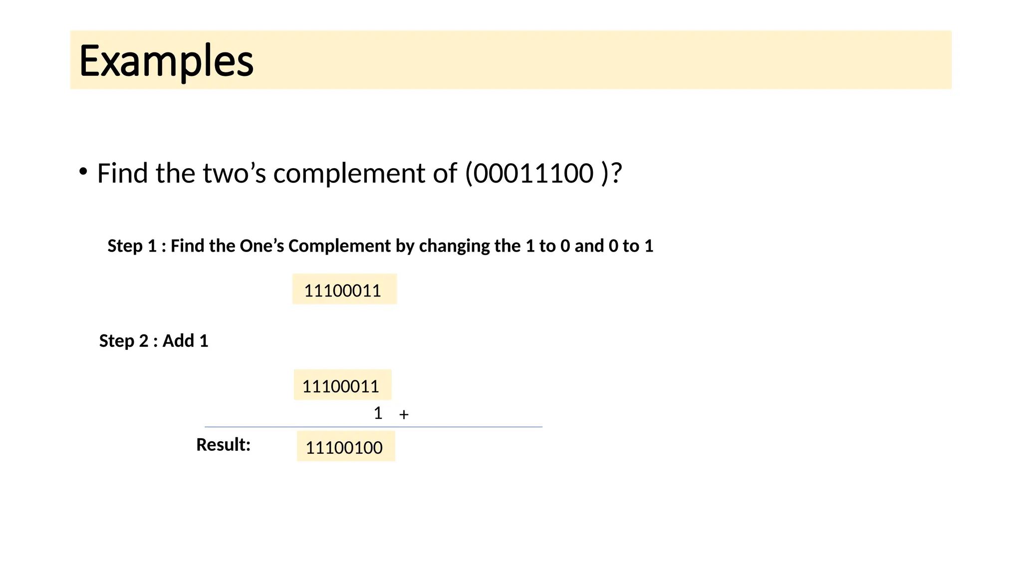 Examples
• Find the two’s complement of (00011100 )?
Step 1 : Find the One’s Complement by changing the 1 to 0 and 0 to 1
11100011
Step 2 : Add 1
11100011
1
11100100
+
Result:
 