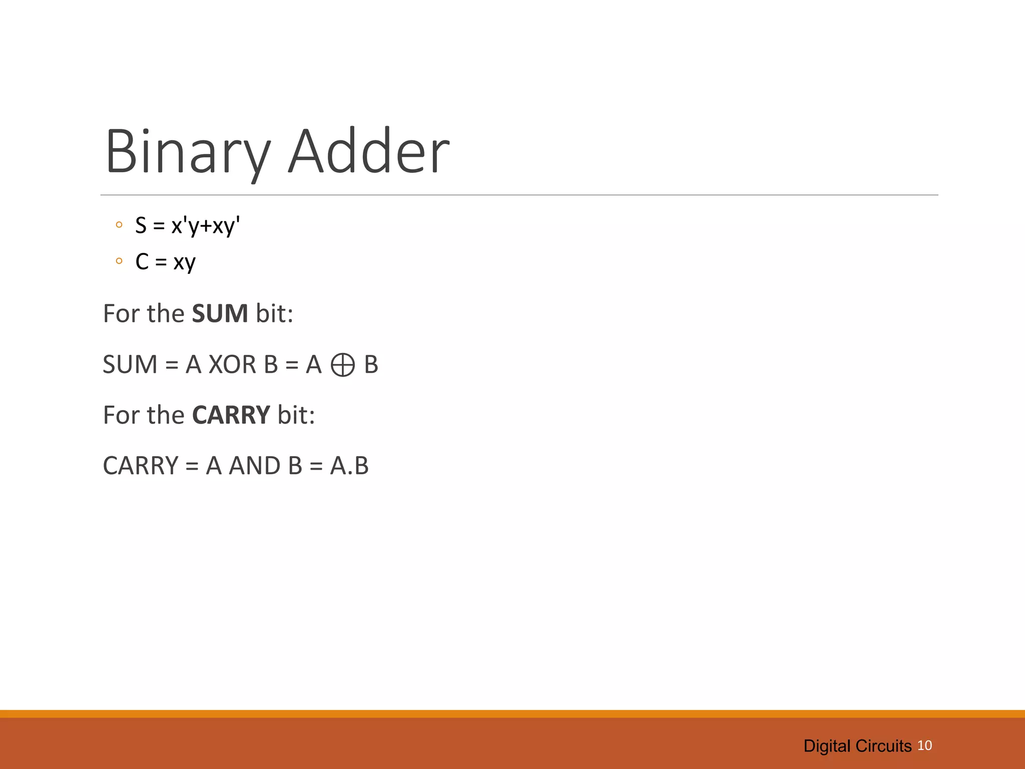 Digital Circuits
Binary Adder
◦ S = x'y+xy'
◦ C = xy
For the SUM bit:
SUM = A XOR B = A ⊕ B
For the CARRY bit:
CARRY = A AND B = A.B
10
 