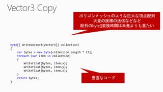 byte[] WriteVector3(Vector3[] collection)
{
var bytes = new byte[collection.Length * 12];
foreach (var item in collection)
{
WriteFloat(bytes, item.x);
WriteFloat(bytes, item.y);
WriteFloat(bytes, item.z);
}
return bytes;
}
 