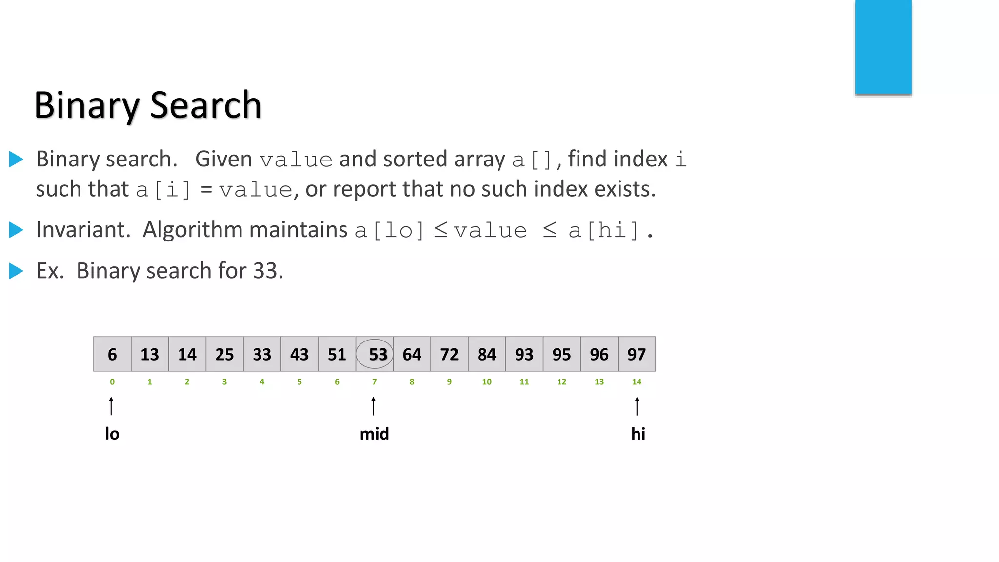 Binary Search
 Binary search. Given value and sorted array a[], find index i
such that a[i] = value, or report that no such index exists.
 Invariant. Algorithm maintains a[lo]  value  a[hi].
 Ex. Binary search for 33.
821 3 4 65 7 109 11 12 14130
641413 25 33 5143 53 8472 93 95 97966
lo himid
53
 