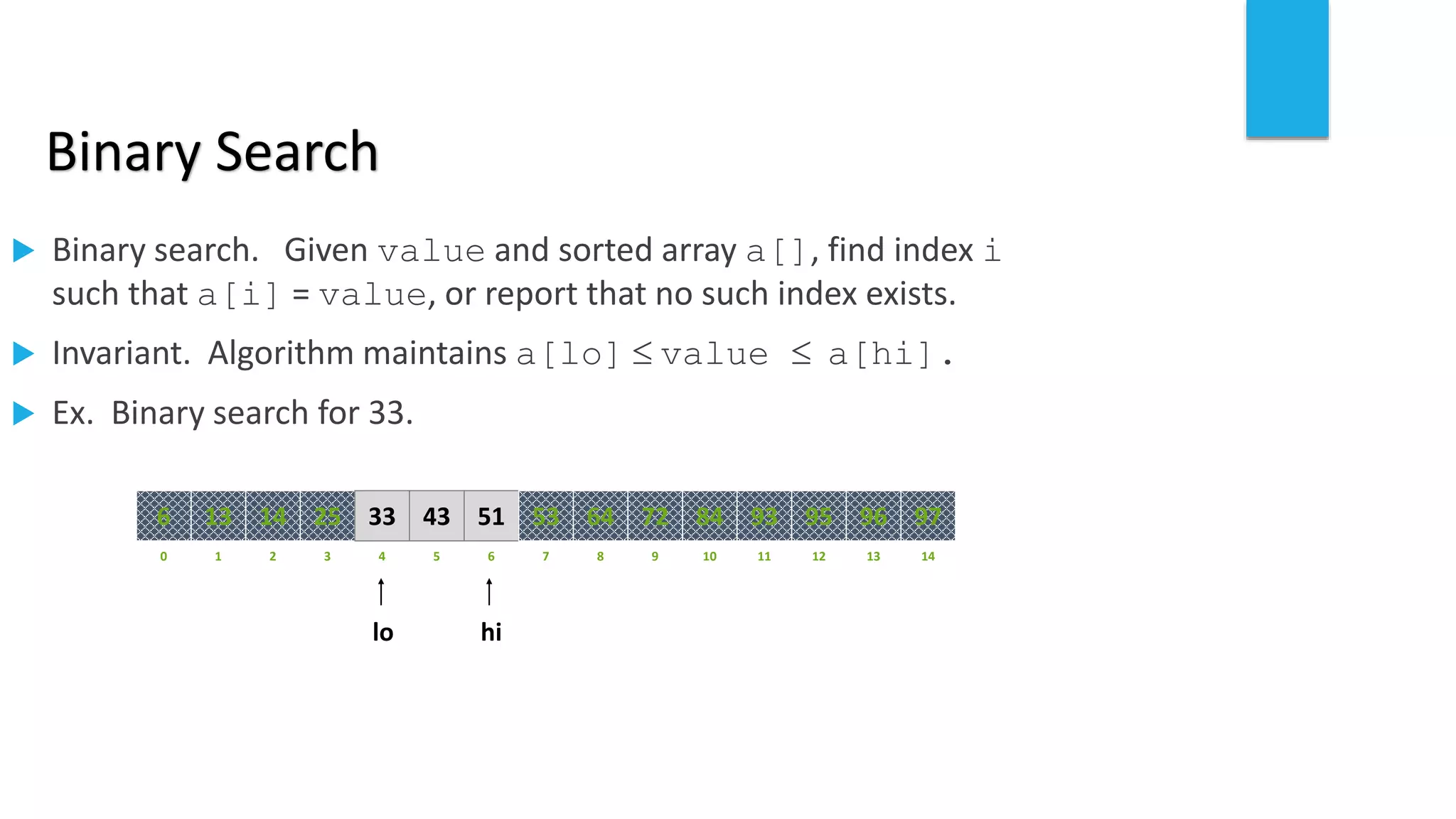 Binary Search
 Binary search. Given value and sorted array a[], find index i
such that a[i] = value, or report that no such index exists.
 Invariant. Algorithm maintains a[lo]  value  a[hi].
 Ex. Binary search for 33.
821 3 4 65 7 109 11 12 14130
641413 25 33 5143 53 8472 93 95 97966
lo hi
 