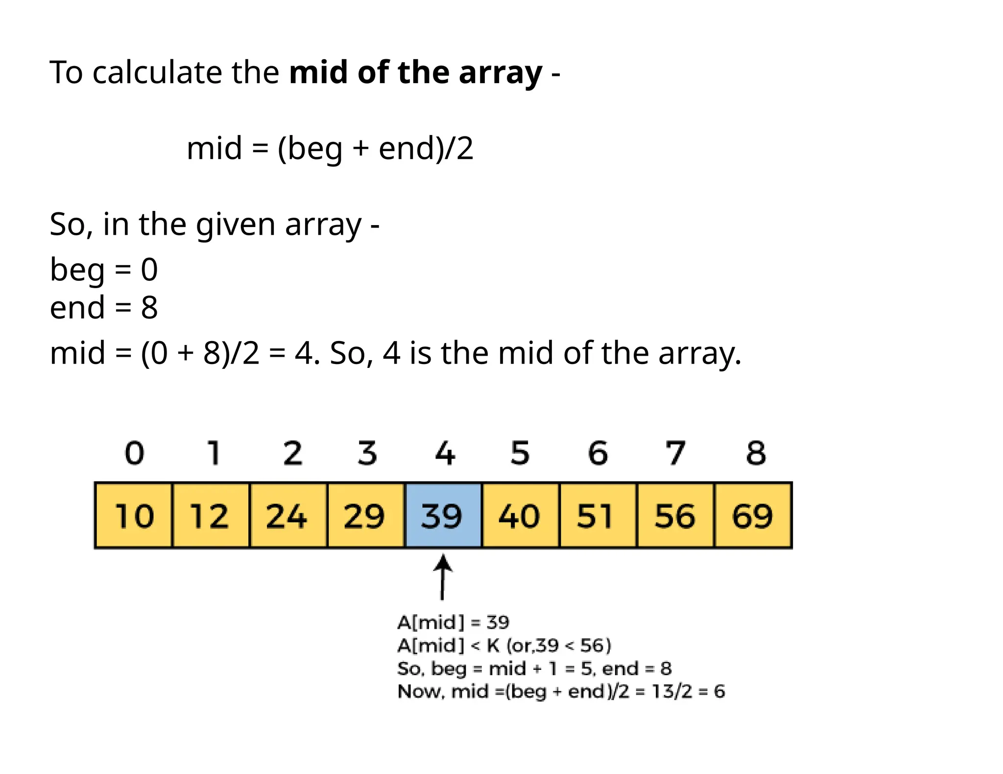 To calculate the mid of the array -
mid = (beg + end)/2
So, in the given array -
beg = 0
end = 8
mid = (0 + 8)/2 = 4. So, 4 is the mid of the array.
 