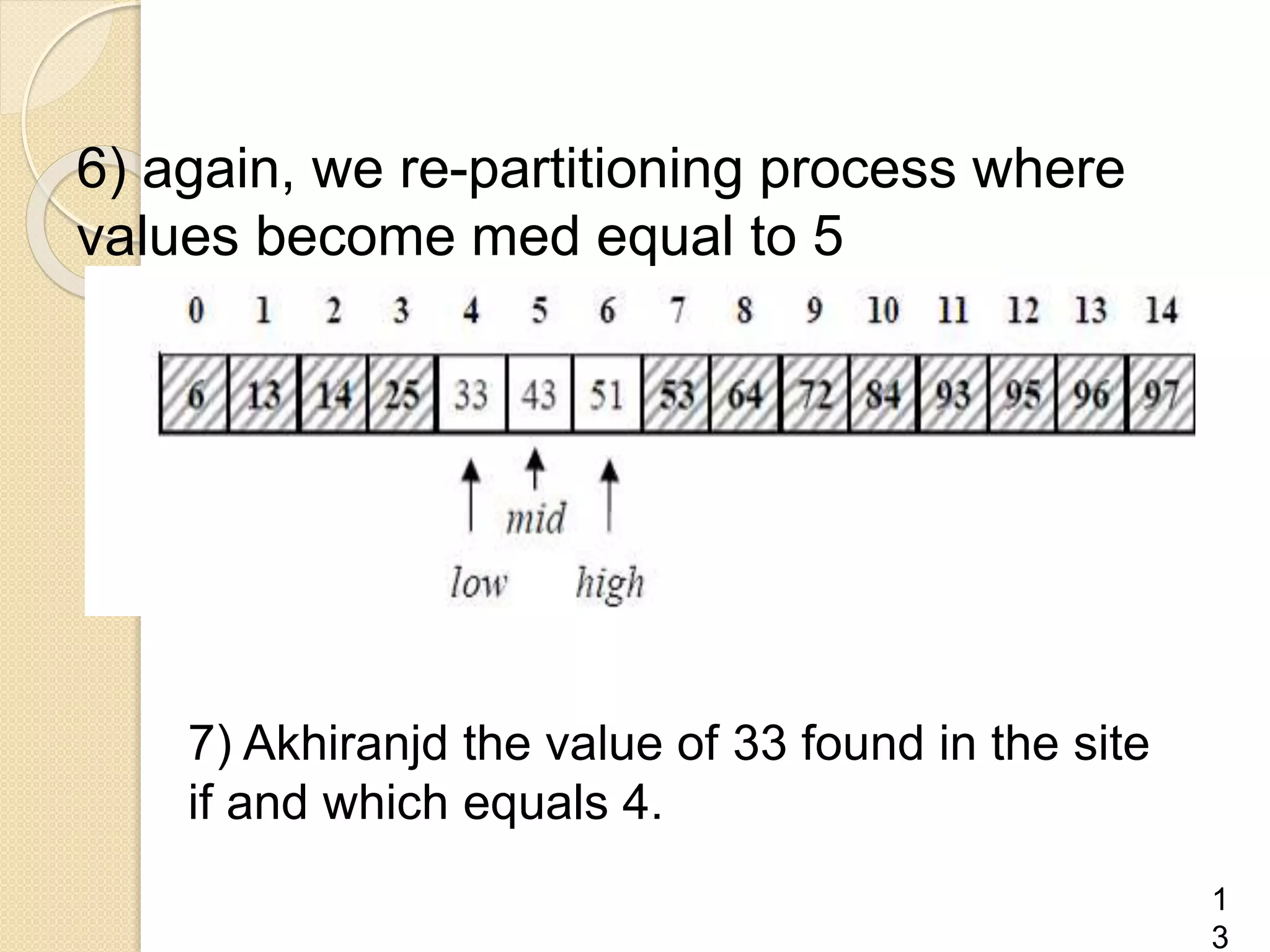 6) again, we re-partitioning process where
values ​​become med equal to 5
7) Akhiranjd the value of 33 found in the site
if and which equals 4.
1
3
 