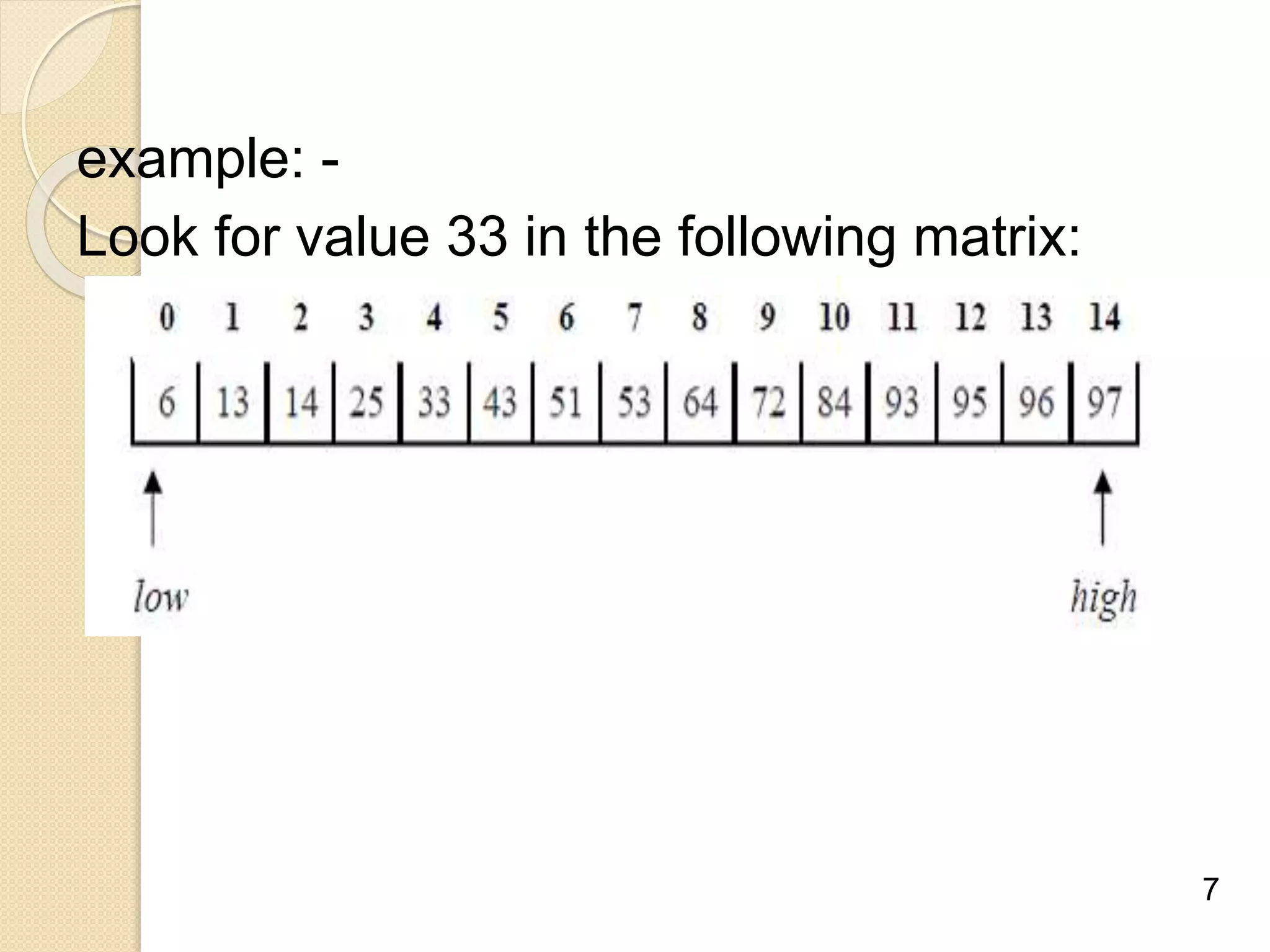 example: -
Look for value 33 in the following matrix:
7
 
