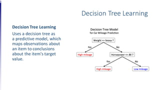 Decision Tree Learning
Decision Tree Learning
Uses a decision tree as
a predictive model, which
maps observations about
an item to conclusions
about the item's target
value.
 