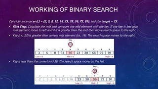 WORKING OF BINARY SEARCH
Consider an array arr[ ] = {2, 5, 8, 12, 16, 23, 38, 56, 72, 91}, and the target = 23.
• First Step: Calculate the mid and compare the mid element with the key. If the key is less than
mid element, move to left and if it is greater than the mid then move search space to the right.
• Key (i.e., 23) is greater than current mid element (i.e., 16). The search space moves to the right.
• Key is less than the current mid 56. The search space moves to the left.
 