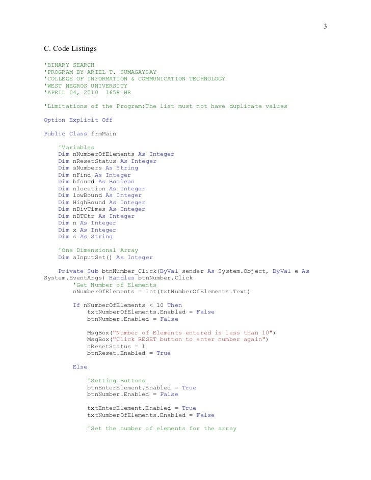 Binary Search Program in Visual Basic 2008