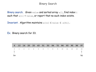 821 3 4 65 7 109 11 12 14130
641413 25 33 5143 53 8472 93 95 97966
Binary Search
lo
Binary search. Given value and sorted array a[], find index i
such that a[i] = value, or report that no such index exists.
Invariant. Algorithm maintains a[lo] ≤ value ≤ a[hi].
Ex. Binary search for 33.
hi
 