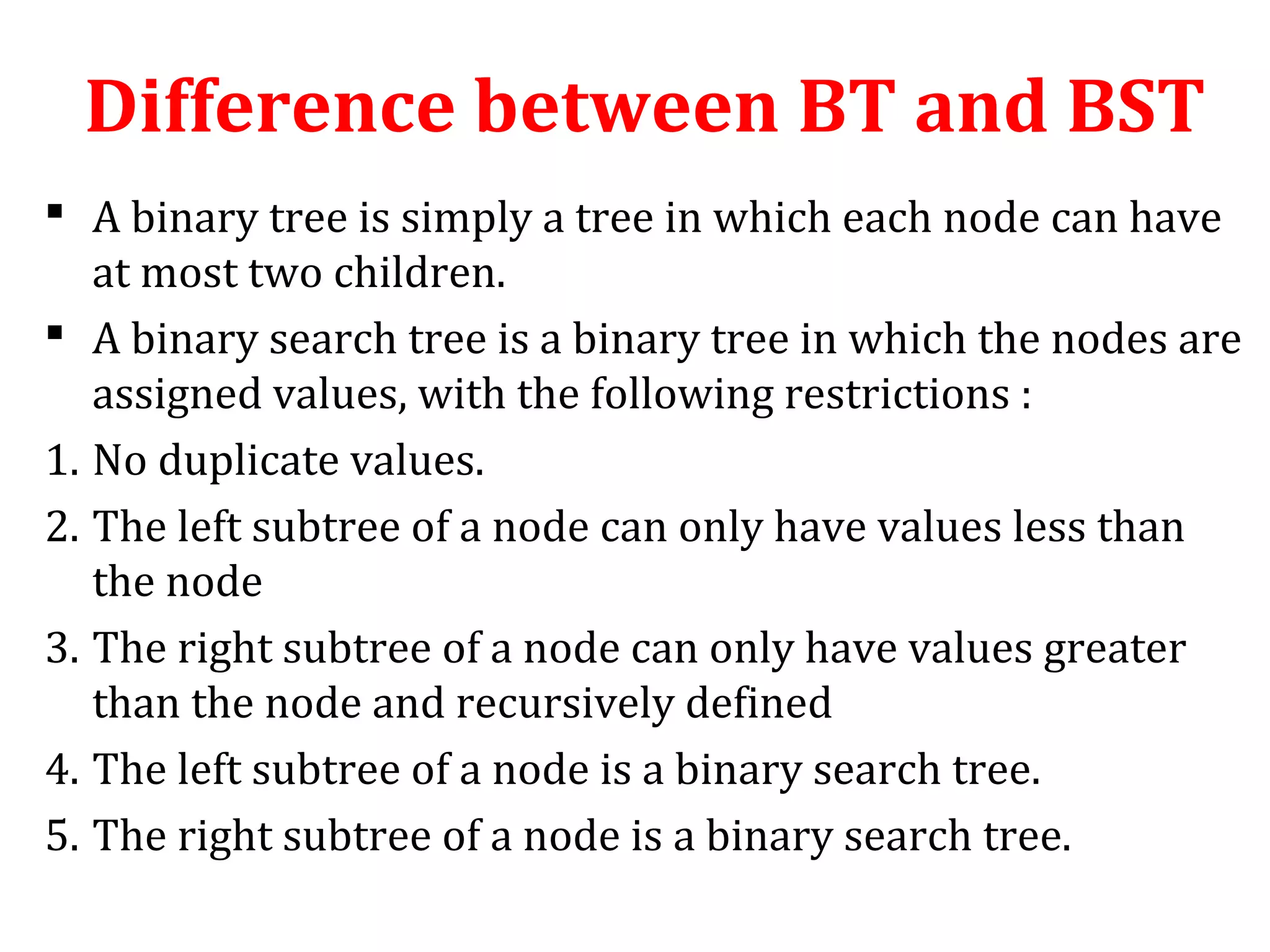 Difference between BT and BST 
 A binary tree is simply a tree in which each node can have 
at most two children. 
 A binary search tree is a binary tree in which the nodes are 
assigned values, with the following restrictions : 
1. No duplicate values. 
2. The left subtree of a node can only have values less than 
the node 
3. The right subtree of a node can only have values greater 
than the node and recursively defined 
4. The left subtree of a node is a binary search tree. 
5. The right subtree of a node is a binary search tree. 
 