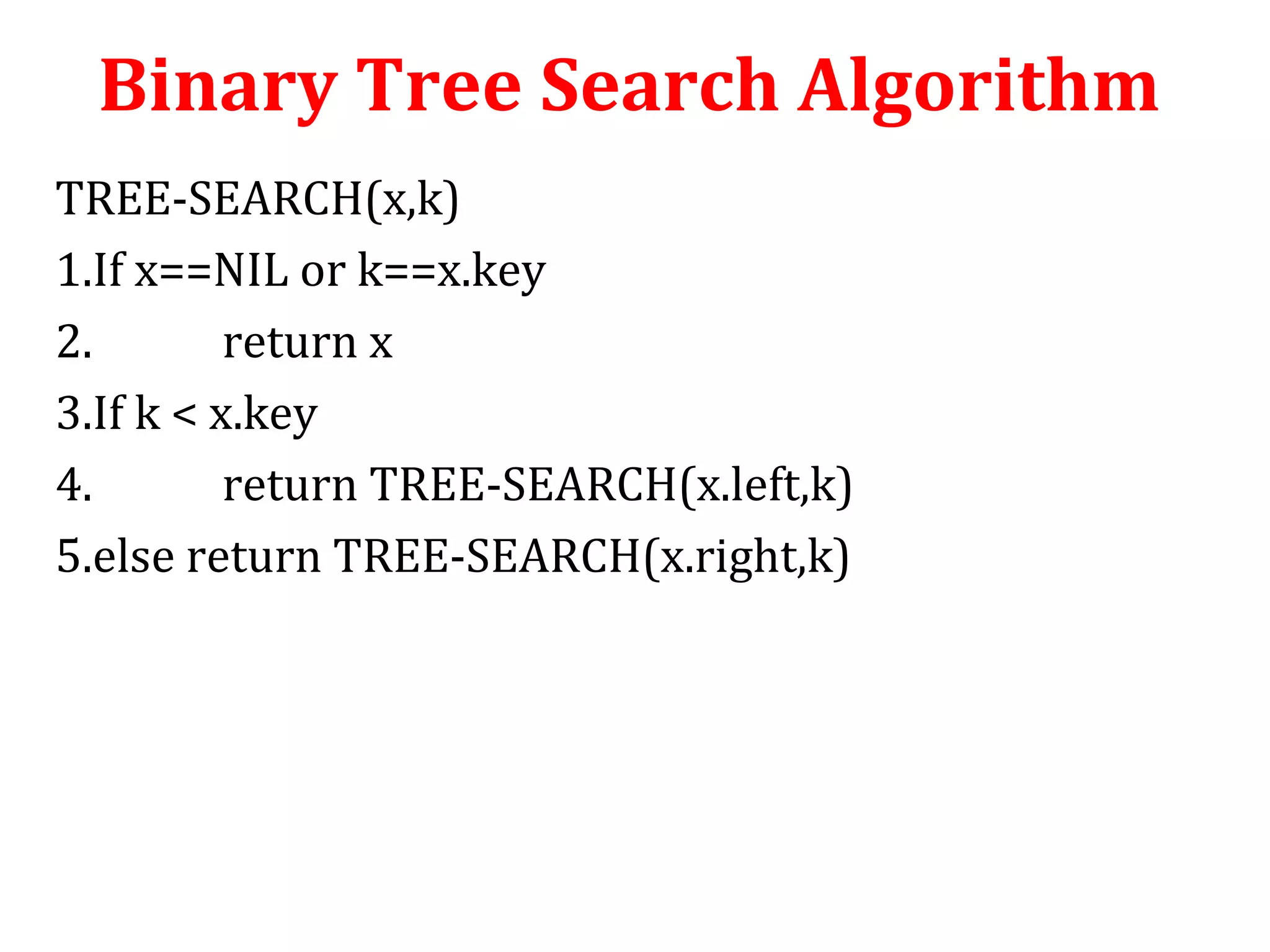 Binary Tree Search Algorithm 
TREE-SEARCH(x,k) 
1.If x==NIL or k==x.key 
2. return x 
3.If k < x.key 
4. return TREE-SEARCH(x.left,k) 
5.else return TREE-SEARCH(x.right,k) 
 