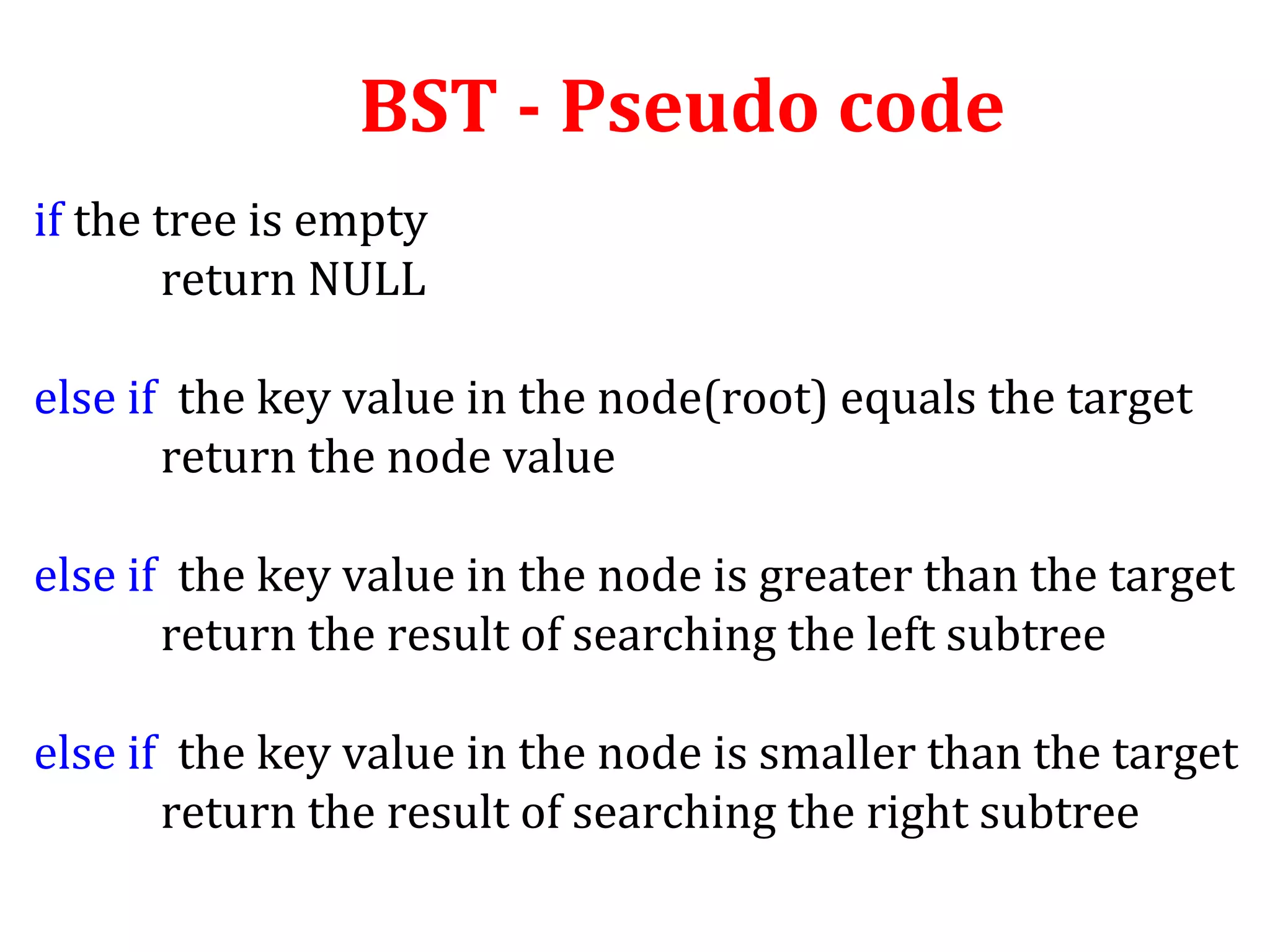 BST - Pseudo code 
if the tree is empty 
return NULL 
else if the key value in the node(root) equals the target 
return the node value 
else if the key value in the node is greater than the target 
return the result of searching the left subtree 
else if the key value in the node is smaller than the target 
return the result of searching the right subtree 
 