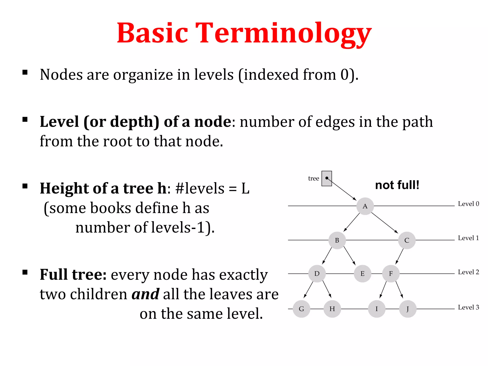 Basic Terminology 
 Nodes are organize in levels (indexed from 0). 
 Level (or depth) of a node: number of edges in the path 
from the root to that node. 
 Height of a tree h: #levels = L 
(some books define h as 
number of levels-1). 
 Full tree: every node has exactly 
two children and all the leaves are 
on the same level. 
not full! 
 