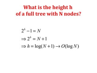 What is the height h 
of a full tree with N nodes? 
2 - 1 
= 
Þ 2 = + 
1 
Þ = + ® 
log( 1) (log ) 
h 
h 
N 
N 
h N O N 
 