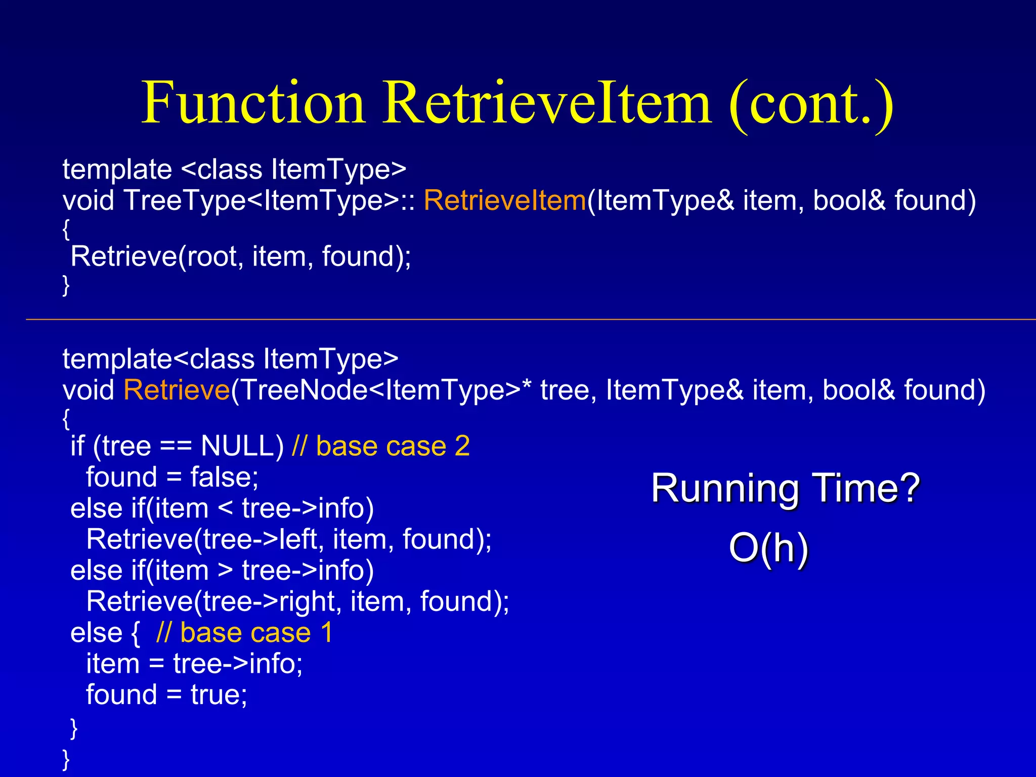 template <class ItemType>
void TreeType<ItemType>:: RetrieveItem(ItemType& item, bool& found)
{
Retrieve(root, item, found);
}
template<class ItemType>
void Retrieve(TreeNode<ItemType>* tree, ItemType& item, bool& found)
{
if (tree == NULL) // base case 2
found = false;
else if(item < tree->info)
Retrieve(tree->left, item, found);
else if(item > tree->info)
Retrieve(tree->right, item, found);
else { // base case 1
item = tree->info;
found = true;
}
}
Function RetrieveItem (cont.)
O(h)
Running Time?
 