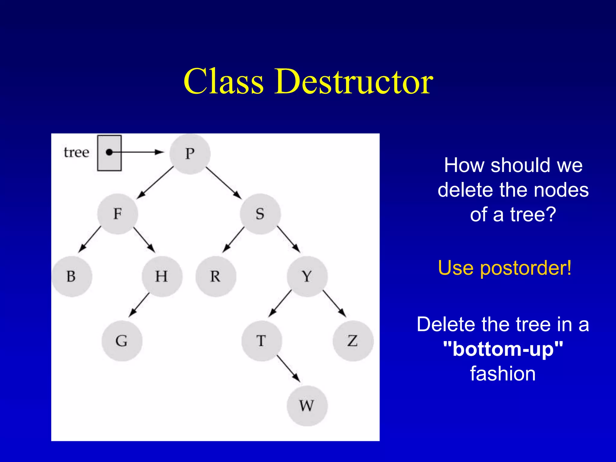 Class Destructor
How should we
delete the nodes
of a tree?
Use postorder!
Delete the tree in a
"bottom-up"
fashion
 