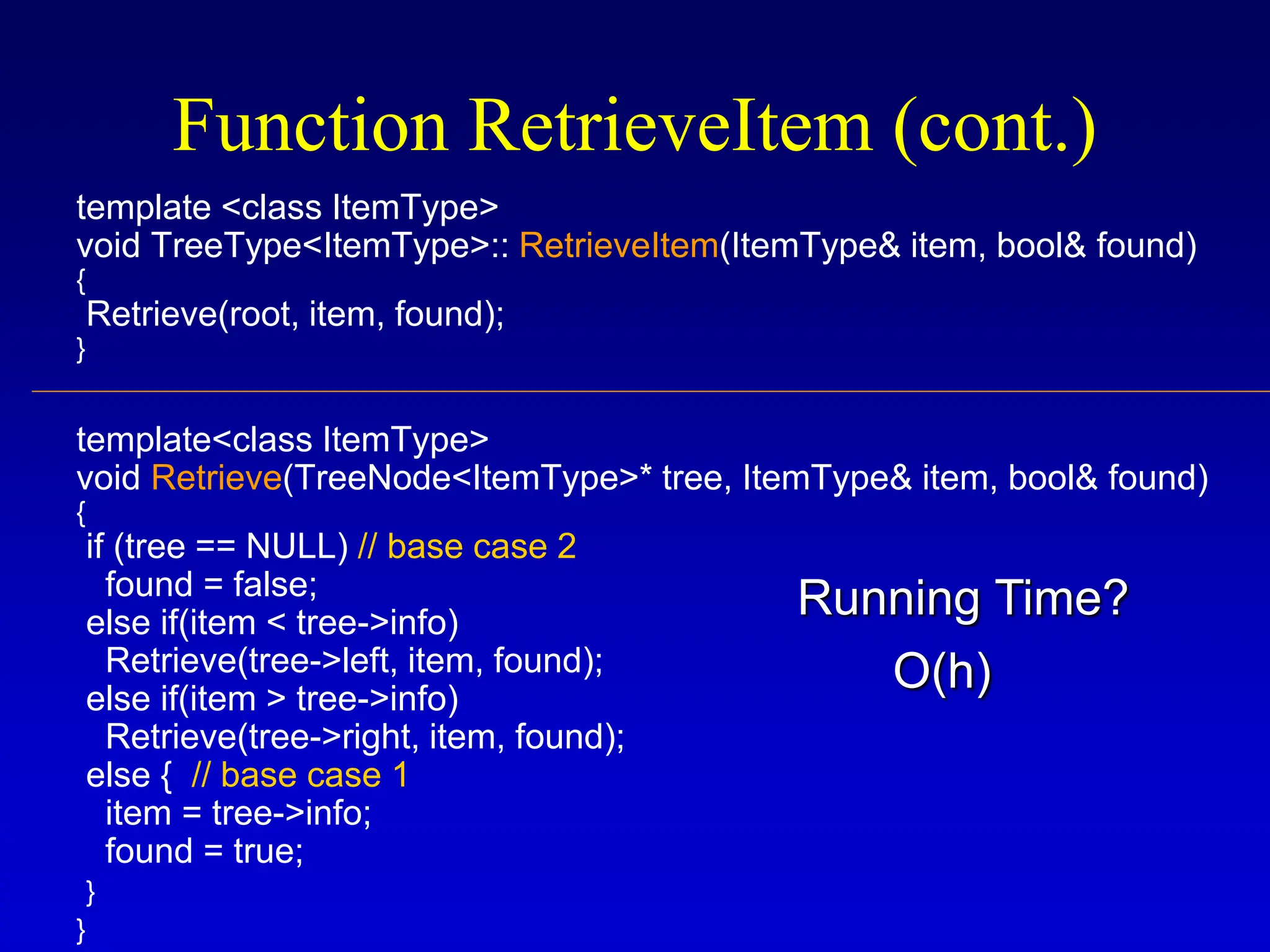 template <class ItemType> void TreeType<ItemType>:: RetrieveItem(ItemType& item, bool& found) { Retrieve(root, item, found); } template<class ItemType> void Retrieve(TreeNode<ItemType>* tree, ItemType& item, bool& found) { if (tree == NULL) // base case 2 found = false; else if(item < tree->info) Retrieve(tree->left, item, found); else if(item > tree->info) Retrieve(tree->right, item, found); else { // base case 1 item = tree->info; found = true; } } Function RetrieveItem (cont.) O(h) Running Time? 