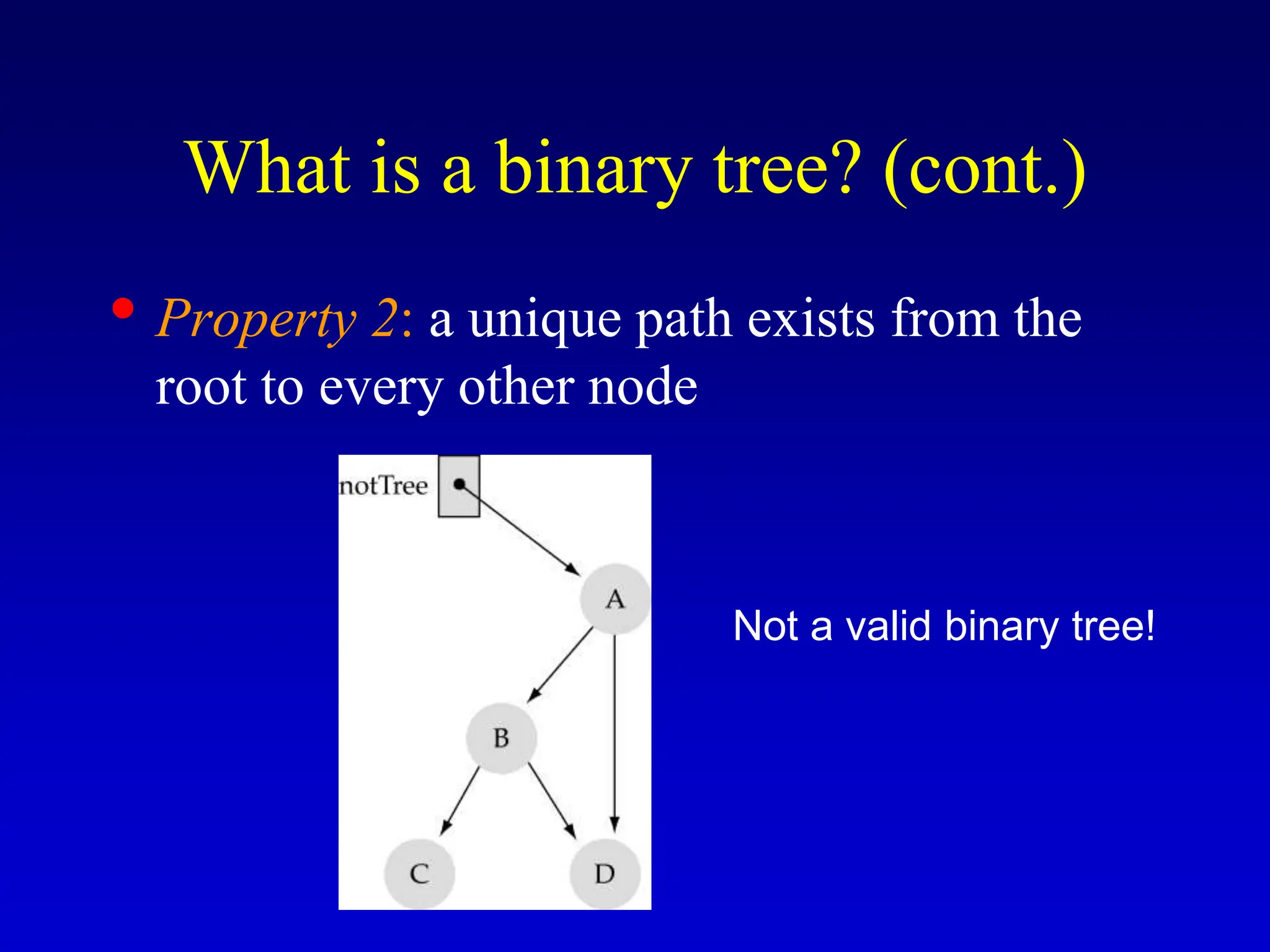 • Property 2: a unique path exists from the root to every other node What is a binary tree? (cont.) Not a valid binary tree! 