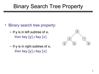 3
Binary Search Tree Property
• Binary search tree property:
– If y is in left subtree of x,
then key [y] ≤ key [x]
– If y is in right subtree of x,
then key [y] ≥ key [x]
2
3
5
5
7
9
 