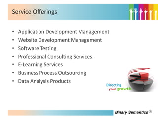 Service Offerings


•   Application Development Management
•   Website Development Management
•   Software Testing
•   Professional Consulting Services
•   E-Learning Services
•   Business Process Outsourcing
•   Data Analysis Products




                                         Binary Semantics
 