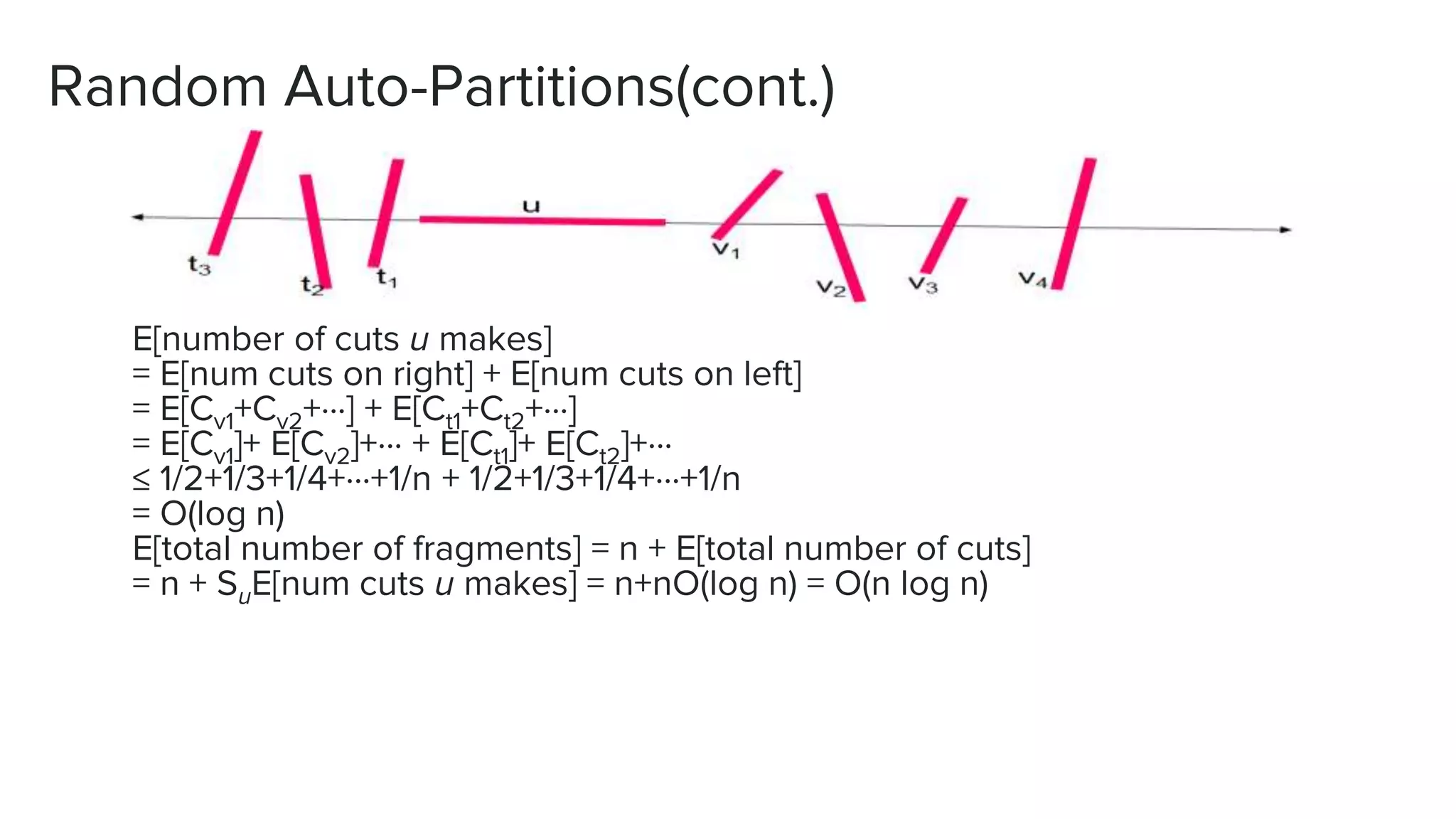 Random Auto-Partitions(cont.)
E[number of cuts u makes]
= E[num cuts on right] + E[num cuts on left]
= E[Cv1+Cv2+∙∙∙] + E[Ct1+Ct2+∙∙∙]
= E[Cv1]+ E[Cv2]+∙∙∙ + E[Ct1]+ E[Ct2]+∙∙∙
≤ 1/2+1/3+1/4+∙∙∙+1/n + 1/2+1/3+1/4+∙∙∙+1/n
= O(log n)
E[total number of fragments] = n + E[total number of cuts]
= n + SuE[num cuts u makes] = n+nO(log n) = O(n log n)
 