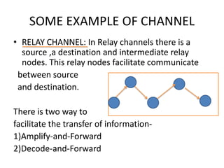 SOME EXAMPLE OF CHANNEL
• RELAY CHANNEL: In Relay channels there is a
source ,a destination and intermediate relay
nodes. This relay nodes facilitate communicate
between source
and destination.
There is two way to
facilitate the transfer of information-
1)Amplify-and-Forward
2)Decode-and-Forward
 