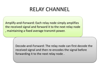 RELAY CHANNEL
Amplify-and-Forward: Each relay node simply amplifies
the received signal and forward it to the next relay node
, maintaining a fixed average transmit power.
Decode-and-Forward: The relay node can first decode the
received signal and then re-encodes the signal before
forwarding it to the next relay node .
 