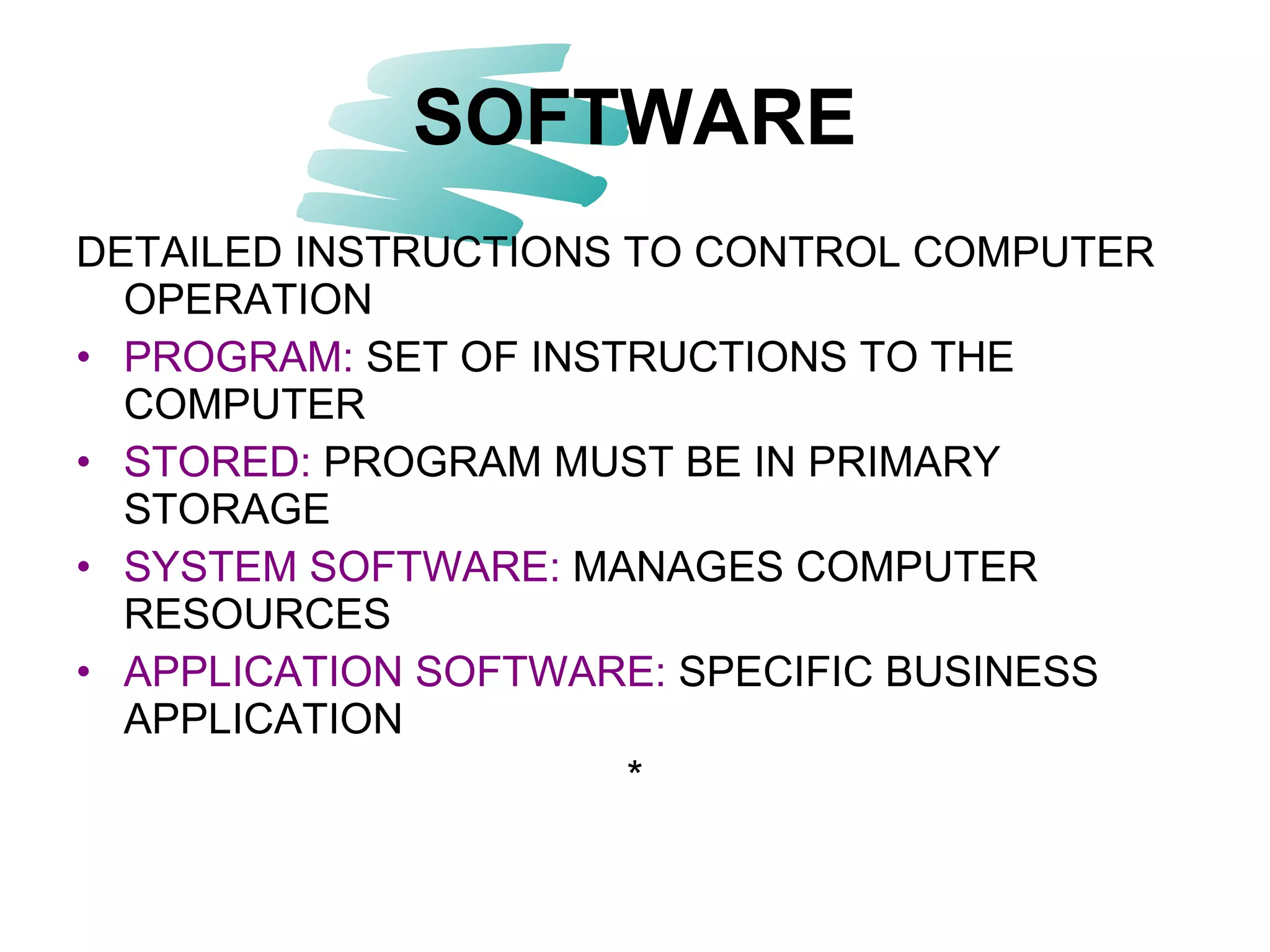 DETAILED INSTRUCTIONS TO CONTROL COMPUTER OPERATION PROGRAM:   SET OF INSTRUCTIONS TO THE COMPUTER STORED:   PROGRAM MUST BE IN PRIMARY STORAGE SYSTEM SOFTWARE:   MANAGES COMPUTER RESOURCES APPLICATION SOFTWARE:   SPECIFIC BUSINESS APPLICATION * SOFTWARE 