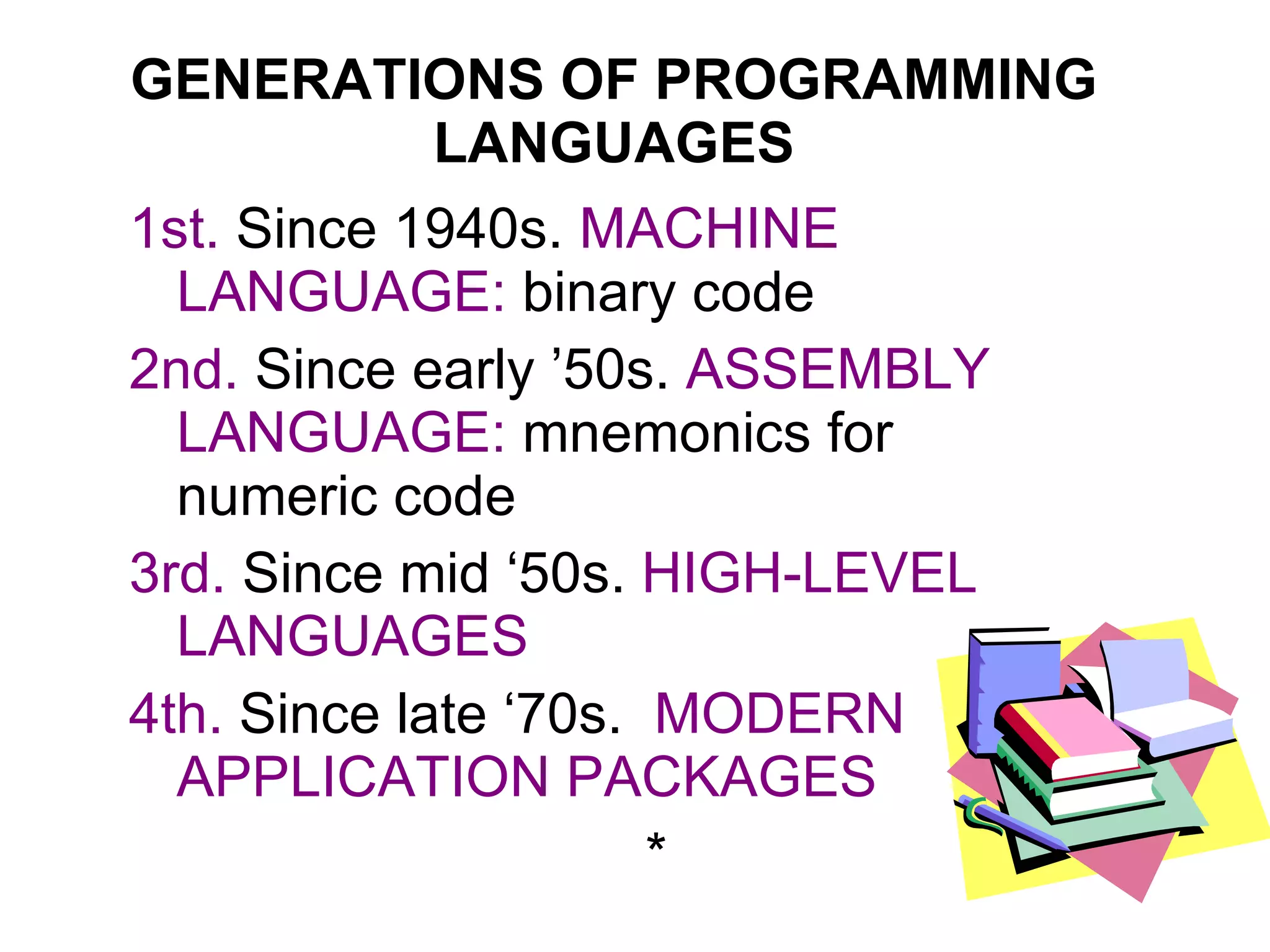 GENERATIONS OF PROGRAMMING LANGUAGES 1st.  Since 1940s.  MACHINE LANGUAGE:   binary code 2nd.  Since early ’50s.  ASSEMBLY LANGUAGE:   mnemonics for  numeric code 3rd.  Since mid ‘50s.  HIGH-LEVEL LANGUAGES 4th.  Since late ‘70s.  MODERN APPLICATION PACKAGES * 