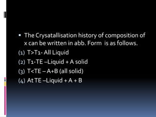  The Crysatallisation history of composition of
x can be written in abb. Form is as follows.
(1) T>T1- All Liquid
(2) T1-TE –Liquid + A solid
(3) T<TE – A+B (all solid)
(4) AtTE –Liquid + A + B
 