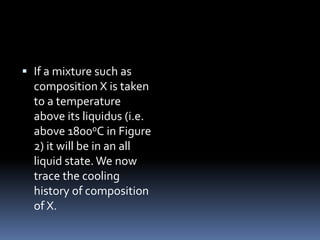  If a mixture such as
composition X is taken
to a temperature
above its liquidus (i.e.
above 1800oC in Figure
2) it will be in an all
liquid state. We now
trace the cooling
history of composition
of X.
 