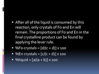  After all of the liquid is consumed by this
reaction, only crystals of Fo and En will
remain.The proportions of Fo and En in the
final crystalline product can be found by
applying the lever rule.
 %Fo crystals = [d/(c + d)] x 100
 %En crystals = [c/(c + d)] x 100
 %liquid = [a/(a + b)] x 100
 