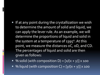  If at any point during the crystallization we wish
to determine the amount of solid and liquid, we
can apply the lever rule. As an example, we will
determine the proportions of liquid and solid in
the system at a temperature of 1395o. At this
point, we measure the distances oC, oD, and CD.
The percentages of liquid and solid are then
given as follows:
 % solid (with composition D) = [x/(x + y)] x 100
 % liquid (with composition C) = [y/(x + y)] x 100
 
