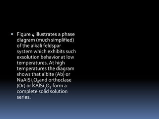  Figure 4 illustrates a phase
diagram (much simplified)
of the alkali feldspar
system which exhibits such
exsolution behavior at low
temperatures. At high
temperatures the diagram
shows that albite (Ab) or
NaAlSi3O8and orthoclase
(Or) or KAlSi3O8 form a
complete solid solution
series.
 