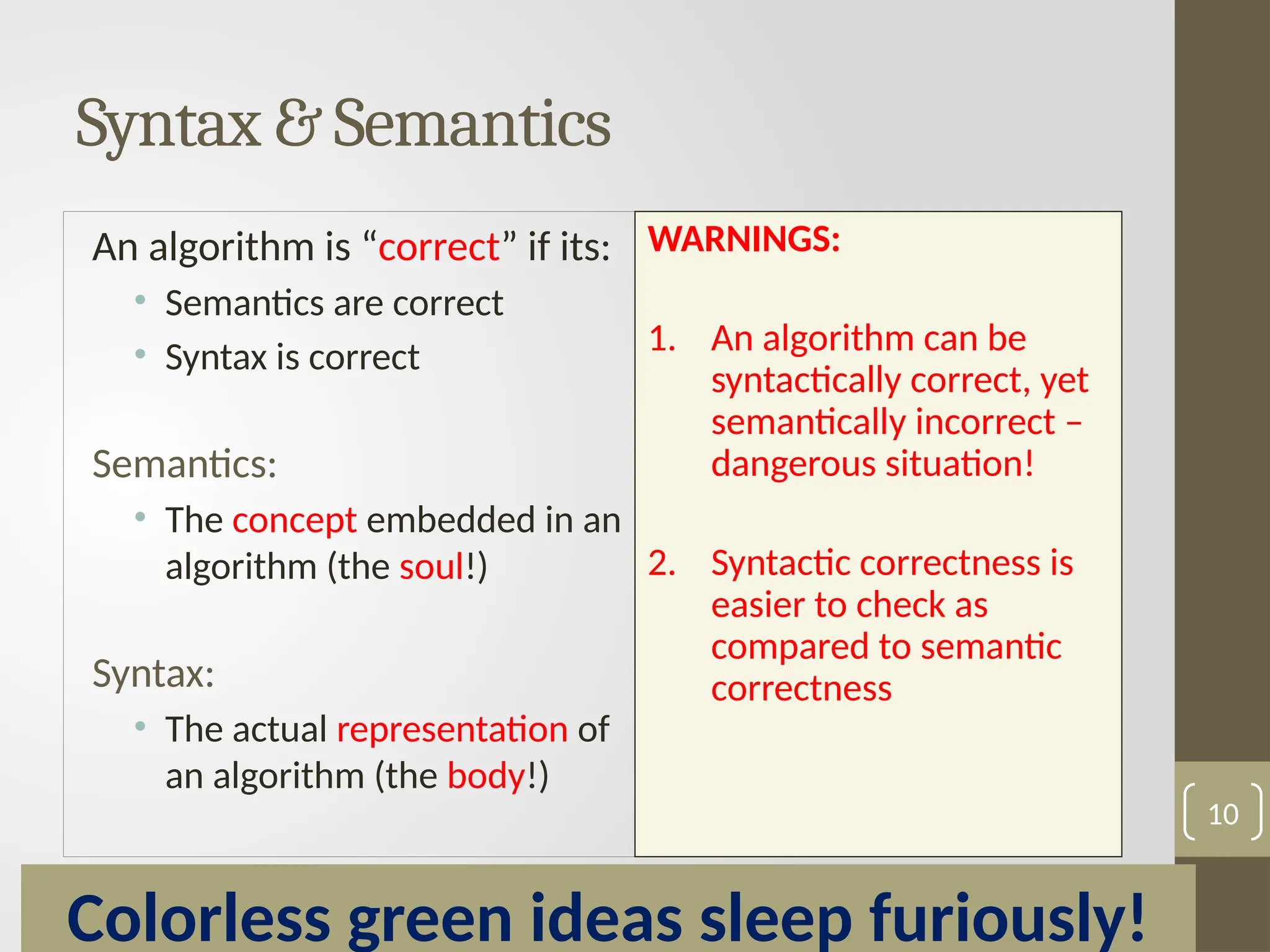 An algorithm is “correct” if its:
• Semantics are correct
• Syntax is correct
Semantics:
• The concept embedded in an
algorithm (the soul!)
Syntax:
• The actual representation of
an algorithm (the body!)
WARNINGS:
1. An algorithm can be
syntactically correct, yet
semantically incorrect –
dangerous situation!
2. Syntactic correctness is
easier to check as
compared to semantic
correctness
10
Colorless green ideas sleep furiously!
Syntax & Semantics
 