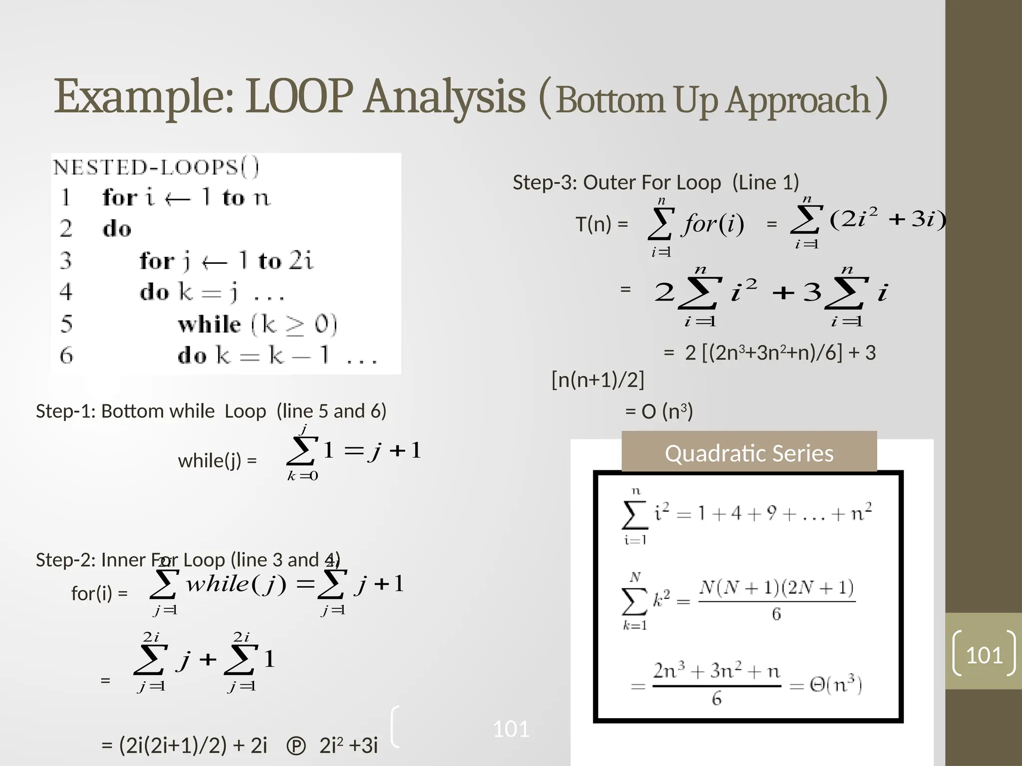 Example: LOOP Analysis (BottomUpApproach)
101
Step-1: Bottom while Loop (line 5 and 6)
while(j) =
Step-2: Inner For Loop (line 3 and 4)
for(i) =
=
= (2i(2i+1)/2) + 2i  2i2
+3i




j
k
j
0
1
1
 
 


i
j
i
j
j
j
while
2
1
2
1
1
)
(
 
 

i
j
i
j
j
2
1
2
1
1
Step-3: Outer For Loop (Line 1)
T(n) = =
=
= 2 [(2n3
+3n2
+n)/6] + 3
[n(n+1)/2]
= O (n3
)


n
i
i
for
1
)
( 


n
i
i
i
1
2
)
3
2
(

 


n
i
n
i
i
i
1
1
2
3
2
Quadratic Series
101
 