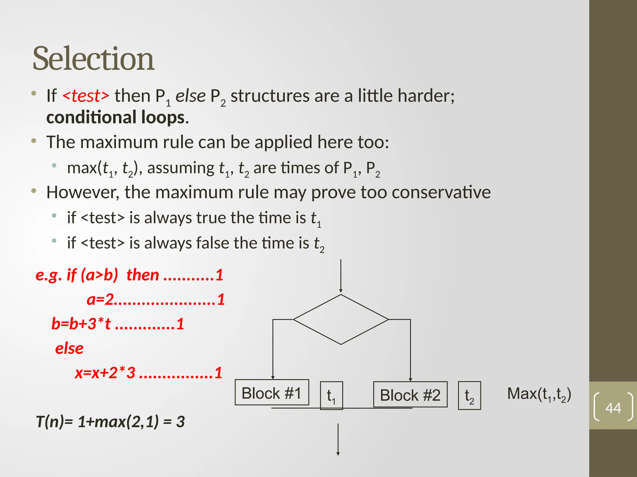 Selection
• If <test> then P1 else P2 structures are a little harder;
conditional loops.
• The maximum rule can be applied here too:
• max(t1, t2), assuming t1, t2 are times of P1, P2
• However, the maximum rule may prove too conservative
• if <test> is always true the time is t1
• if <test> is always false the time is t2
44
e.g. if (a>b) then ...........1
a=2......................1
b=b+3*t .............1
else
x=x+2*3 ................1
T(n)= 1+max(2,1) = 3
Block #1 Block #2
t1 t2
Max(t1,t2)
 
