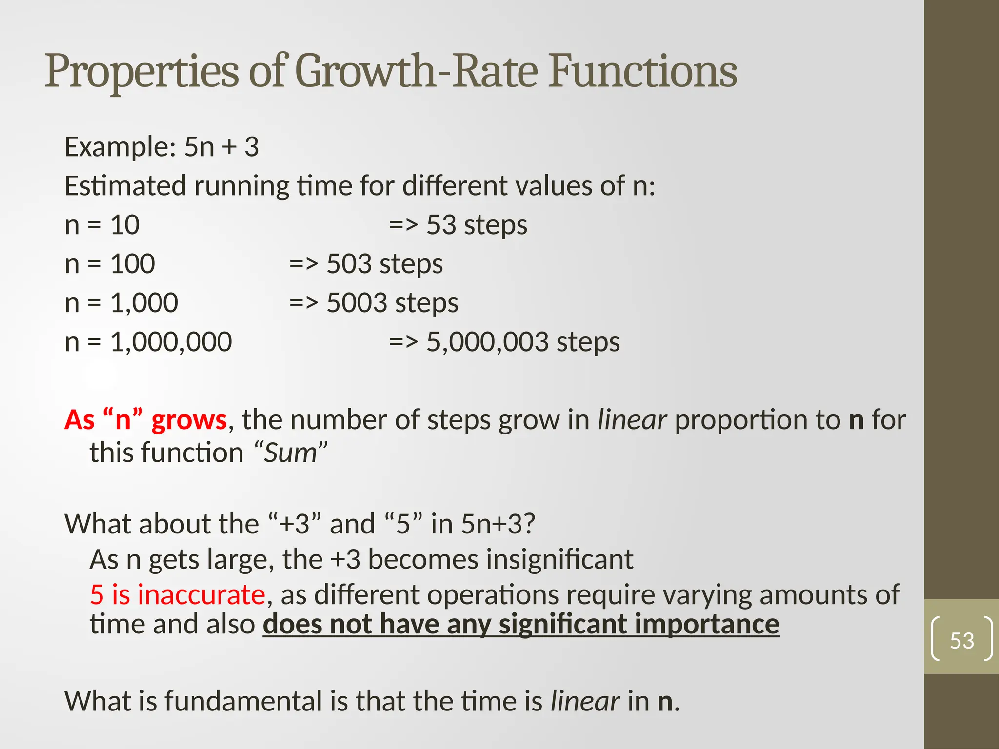 Properties of Growth-Rate Functions
Example: 5n + 3
Estimated running time for different values of n:
n = 10 => 53 steps
n = 100 => 503 steps
n = 1,000 => 5003 steps
n = 1,000,000 => 5,000,003 steps
As “n” grows, the number of steps grow in linear proportion to n for
this function “Sum”
What about the “+3” and “5” in 5n+3?
As n gets large, the +3 becomes insignificant
5 is inaccurate, as different operations require varying amounts of
time and also does not have any significant importance
What is fundamental is that the time is linear in n.
53
 