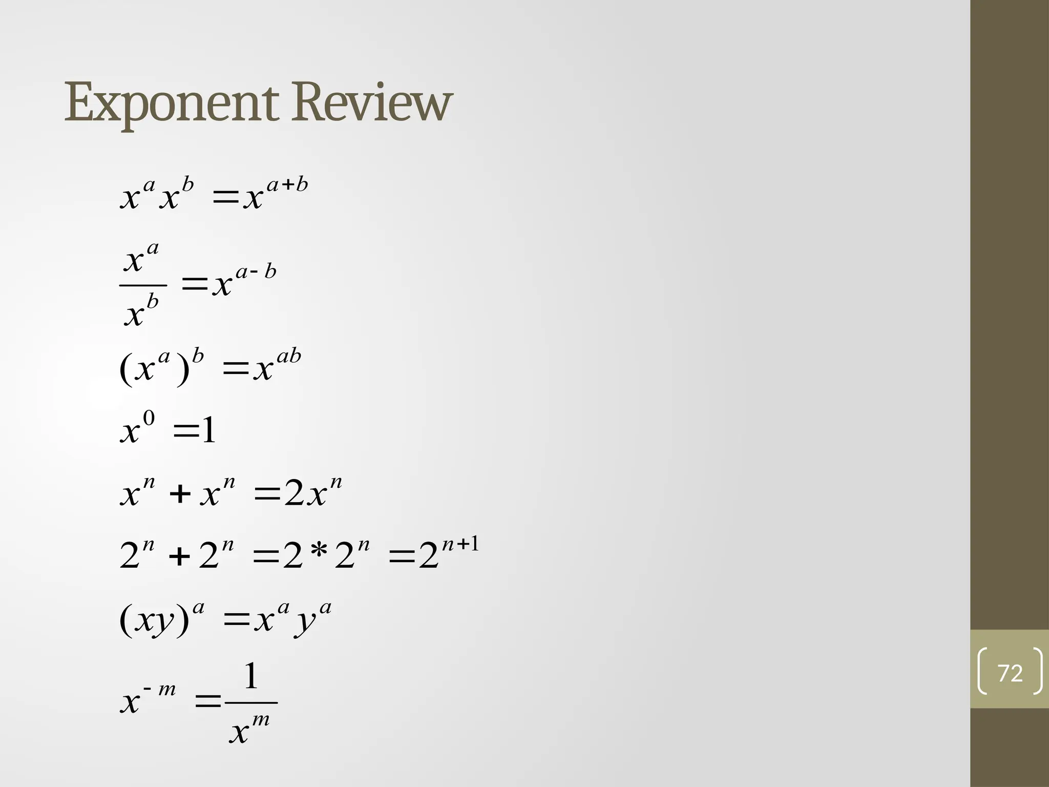 Exponent Review
72
m
m
a
a
a
n
n
n
n
n
n
n
ab
b
a
b
a
b
a
b
a
b
a
x
x
y
x
xy
x
x
x
x
x
x
x
x
x
x
x
x
1
)
(
2
2
*
2
2
2
2
1
)
(
1
0















 