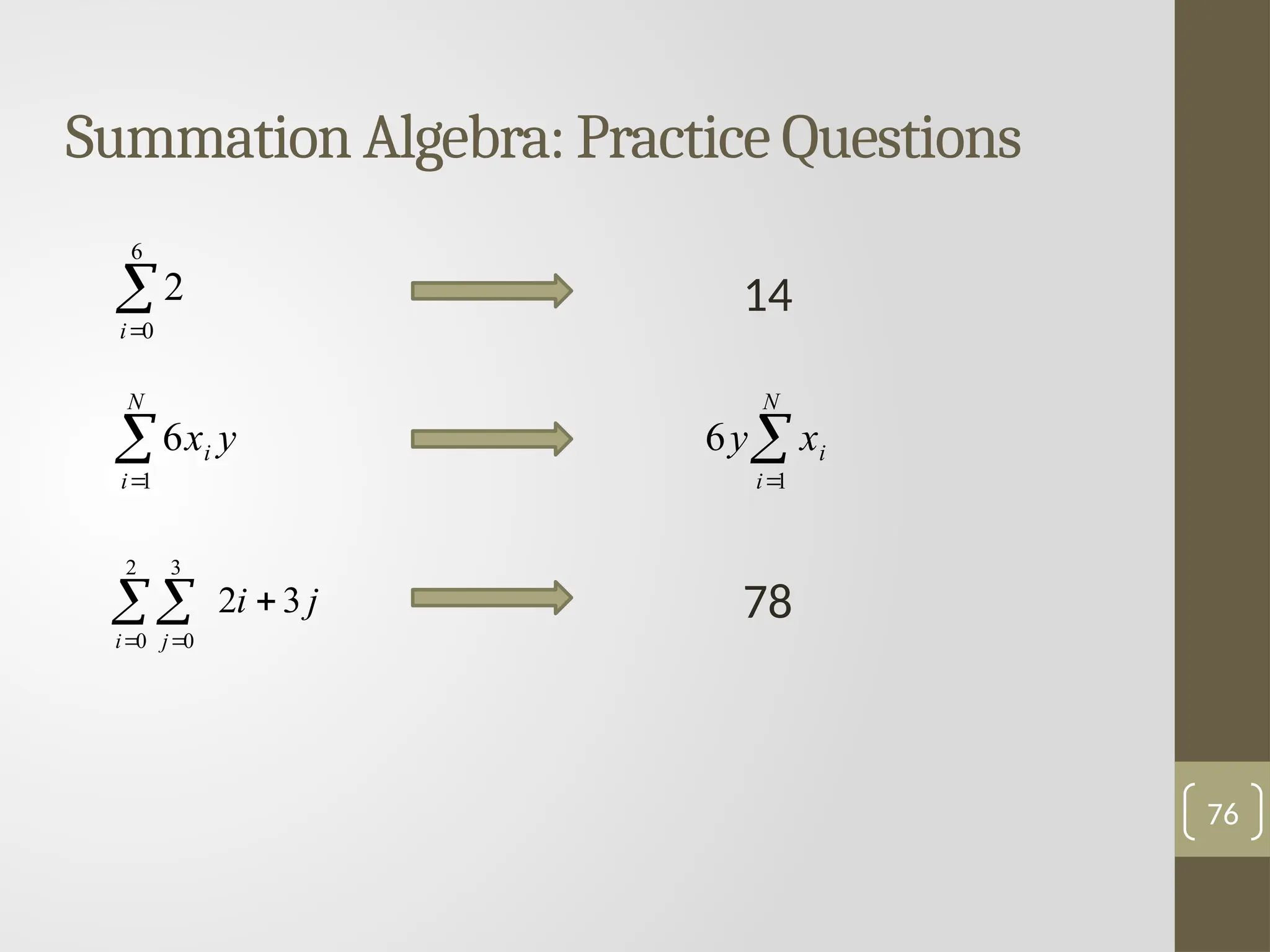 76
Summation Algebra: Practice Questions


6
0
2
i


N
i
i y
x
1
6
j
i
i j
3
2
2
0
3
0


 
14


N
i
i
x
y
1
6
78
 