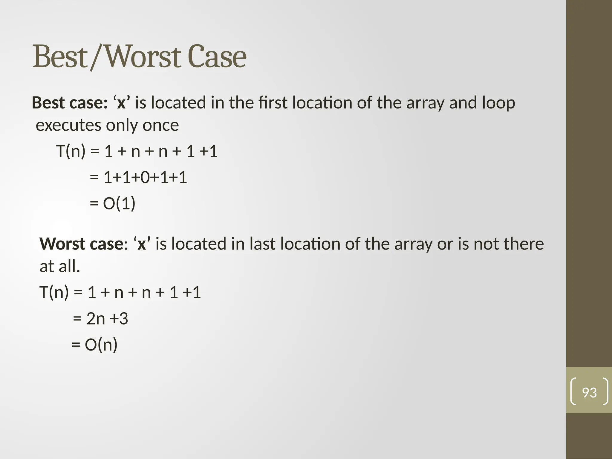 Best/Worst Case
Best case: ‘x’ is located in the first location of the array and loop
executes only once
T(n) = 1 + n + n + 1 +1
= 1+1+0+1+1
= O(1)
Worst case: ‘x’ is located in last location of the array or is not there
at all.
T(n) = 1 + n + n + 1 +1
= 2n +3
= O(n)
93
 