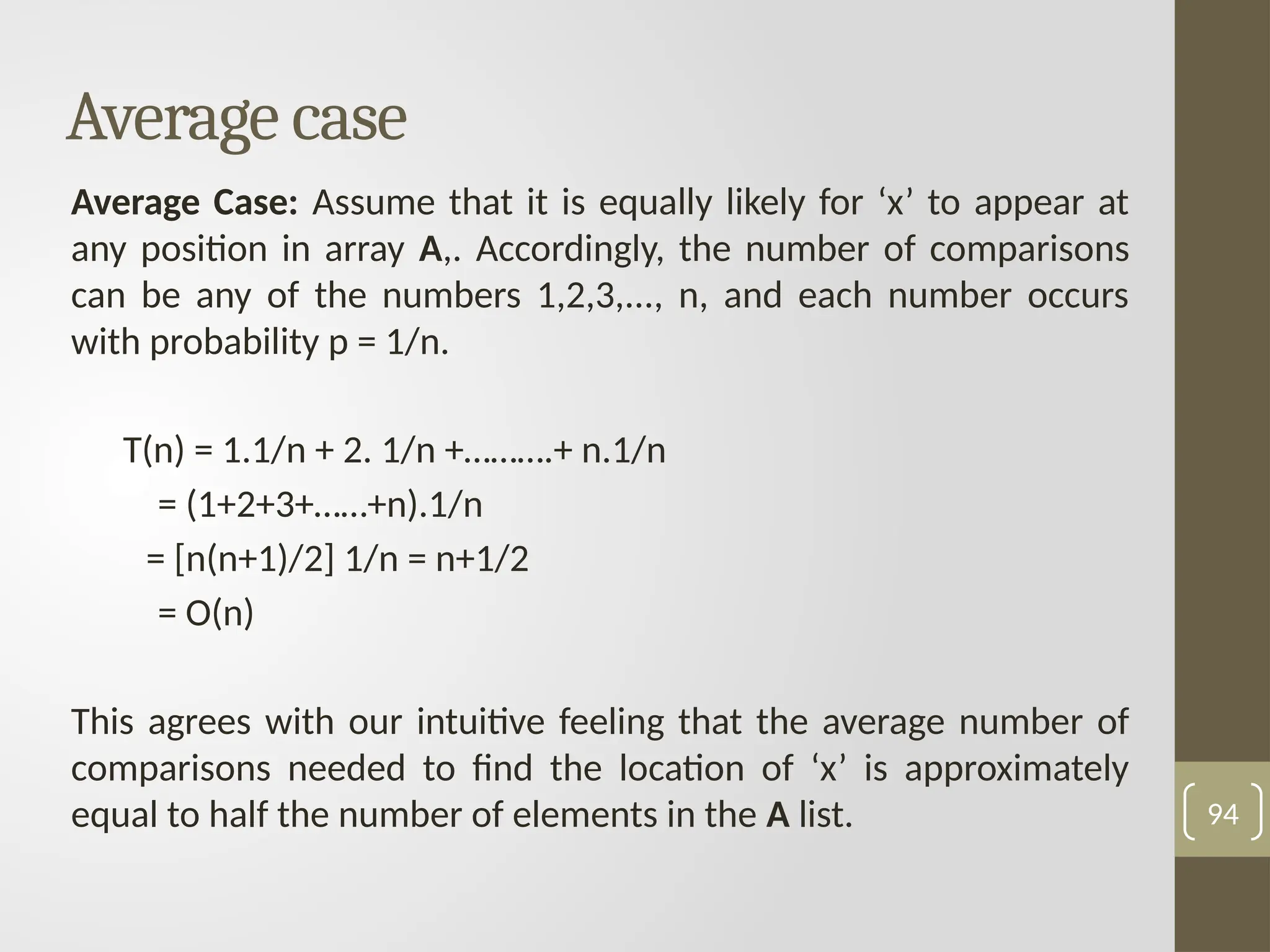 Average case
Average Case: Assume that it is equally likely for ‘x’ to appear at
any position in array A,. Accordingly, the number of comparisons
can be any of the numbers 1,2,3,..., n, and each number occurs
with probability p = 1/n.
T(n) = 1.1/n + 2. 1/n +……….+ n.1/n
= (1+2+3+……+n).1/n
= [n(n+1)/2] 1/n = n+1/2
= O(n)
This agrees with our intuitive feeling that the average number of
comparisons needed to find the location of ‘x’ is approximately
equal to half the number of elements in the A list. 94
 