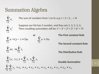 The sum of numbers from 1 to N; e.g 1 + 2 + 3 … + N
Suppose our list has 5 number, and they are 1, 3, 2, 5, 6.
Then resulting summation will be 12
+ 32
+ 22
+ 52
+ 62
= 75
or The First constant Rule
The Second constant Rule
The Distributive Rule
Double Summation 75
Summation Algebra


N
i
i
x
1


5
1
2
i
i
x
a
x
y
a
y
x
i
)
1
( 







N
i
Na
a
1

 


N
i
i
N
i
i x
a
ax
1
1


 





N
i
i
N
i
i
i
N
i
i y
x
y
x
1
1
1
)
(
33
32
31
23
22
21
13
12
11
3
1
3
1
x
x
x
x
x
x
x
x
x
x
i j
ij 









 
 