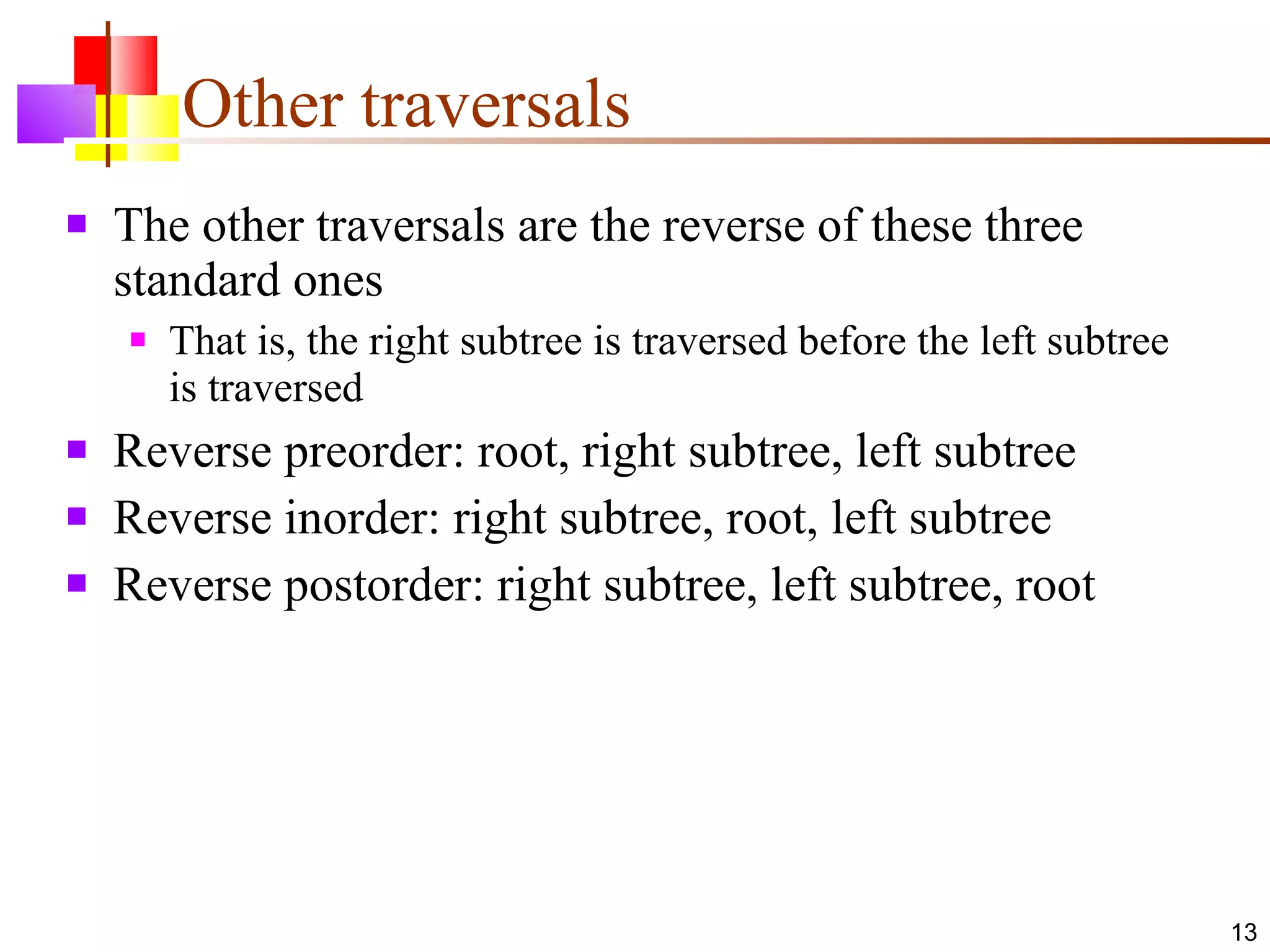 Other traversals The other traversals are the reverse of these three standard ones That is, the right subtree is traversed before the left subtree is traversed Reverse preorder: root, right subtree, left subtree Reverse inorder: right subtree, root, left subtree Reverse postorder: right subtree, left subtree, root 