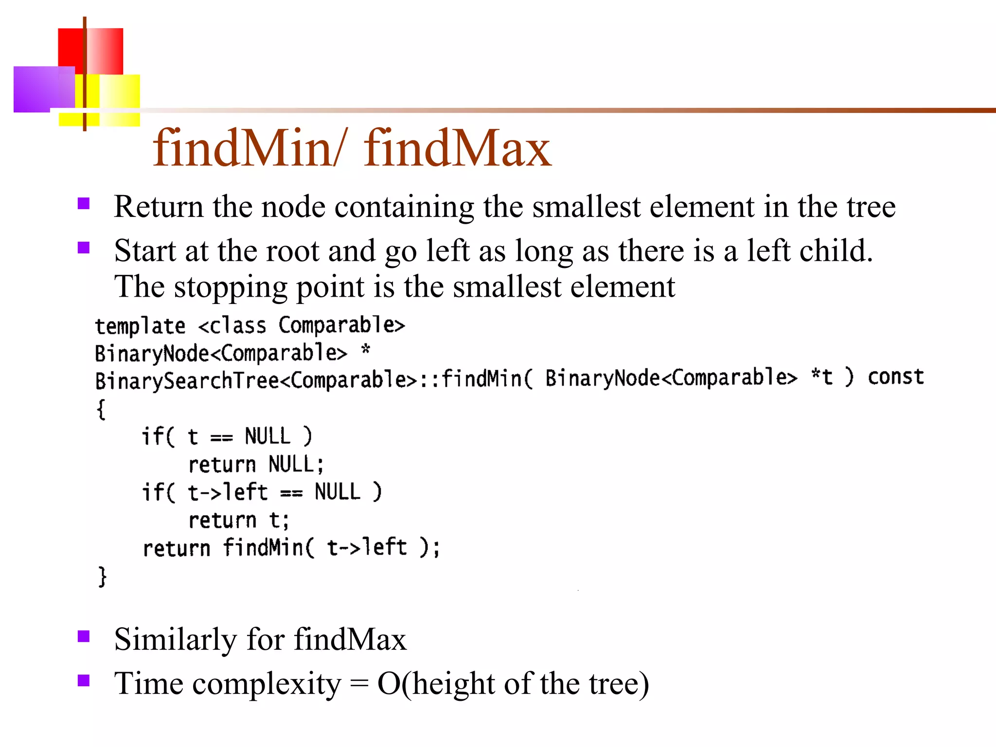 findMin/ findMax Return the node containing the smallest element in the tree Start at the root and go left as long as there is a left child. The stopping point is the smallest element Similarly for findMax Time complexity = O(height of the tree) 