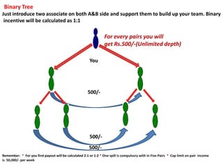 Binary Tree
Just introduce two associate on both A&B side and support them to build up your team. Binary
 incentive will be calculated as 1:1

                                                                  For every pairs you will
                                                                  get Rs.500/-(Unlimited depth)

                                                        You




                                                       500/-




                                                        500/-
                                                        500/-
Remember: * For you first payout will be calculated 2:1 or 1:2 * One spill is compulsory with in Five Pairs * Cap limit on pair income
is 50,000/- per week
 