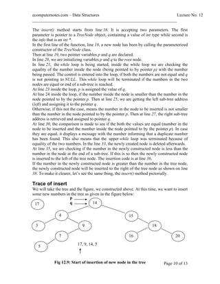 ecomputernotes.com Data Structures Lecture No. 12
___________________________________________________________________
Page 10 of 13
The insert() method starts from line 16. It is accepting two parameters. The first
parameter is pointer to a TreeNode object, containing a value of int type while second is
the info that is an int *.
In the first line of the function, line 18, a new node has been by calling the parameterized
constructor of the TreeNode class.
Then at line 19, two pointer variables p and q are declared.
In line 20, we are initializing variables p and q to the root node.
In line 21, the while loop is being started, inside the while loop we are checking the
equality of the number inside the node (being pointed to by pointer p) with the number
being passed. The control is entered into the loop, if both the numbers are not equal and q
is not pointing to NULL. This while loop will be terminated if the numbers in the two
nodes are equal or end of a sub-tree is reached.
At line 23 inside the loop, p is assigned the value of q.
At line 24 inside the loop, if the number inside the node is smaller than the number in the
node pointed to by the pointer p. Then at line 25, we are getting the left sub-tree address
(left) and assigning it to the pointer q.
Otherwise, if this not the case, means the number in the node to be inserted is not smaller
than the number in the node pointed to by the pointer p. Then at line 27, the right sub-tree
address is retrieved and assigned to pointer q.
At line 30, the comparison is made to see if the both the values are equal (number in the
node to be inserted and the number inside the node pointed to by the pointer p). In case
they are equal, it displays a message with the number informing that a duplicate number
has been found. This also means that the upper while loop was terminated because of
equality of the two numbers. In the line 33, the newly created node is deleted afterwards.
At line 35, we are checking if the number in the newly constructed node is less than the
number in the node at the end of a sub-tree. If this is so then the newly constructed node
is inserted to the left of the tree node. The insertion code is at line 36.
If the number in the newly constructed node is greater than the number in the tree node,
the newly constructed node will be inserted to the right of the tree node as shown on line
38. To make it clearer, let s see the same thing, the insert() method pictorially.
Trace of insert
We will take the tree and the figure, we constructed above. At this time, we want to insert
some new numbers in the tree as given in the figure below:
14
Fig 12.9: Start of insertion of new node in the tree
154
93 18
7 16 20
5
p
q
17, 9, 14, 5
17
 