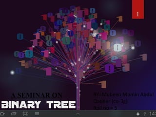 BINARY TREE
1
A SEMINAR ON BY=Mubeen Momin Abdul
Qadeer (co-3g)
Roll no = 5
 