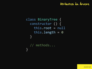 class BinaryTree {
constructor () {
this.root = null
this.length = 0
}
// methods...
}
JavaScript
Atributos da Árvore
 